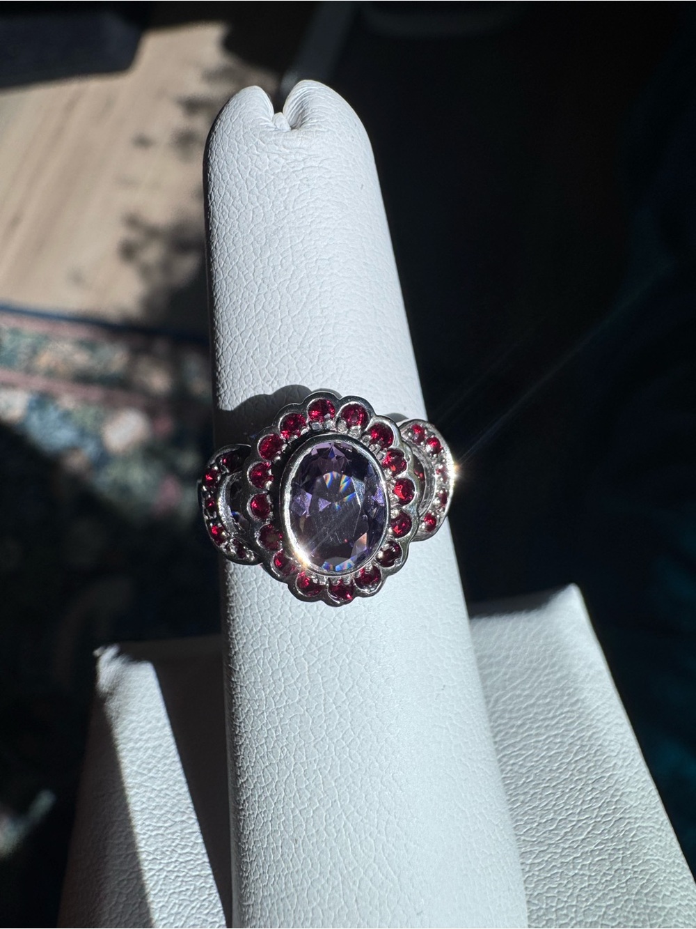 Sterling Silver Amethyst & Red Gemstone Ring